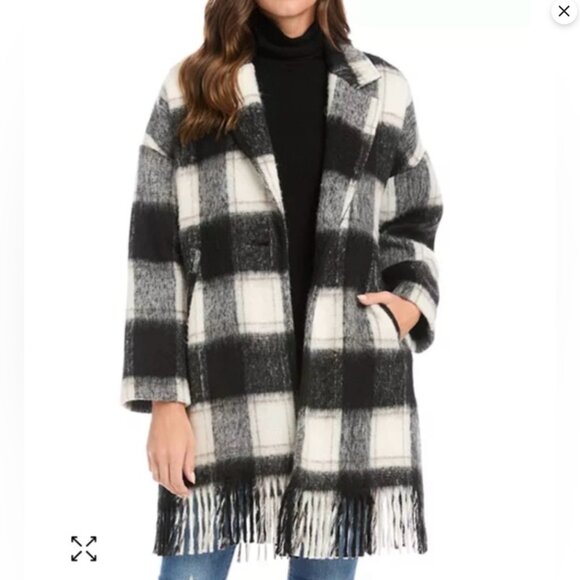 Karen Kane Plaid Fringe Jacket Black White Front Button Notch Collar Winter S - Picture 2 of 9